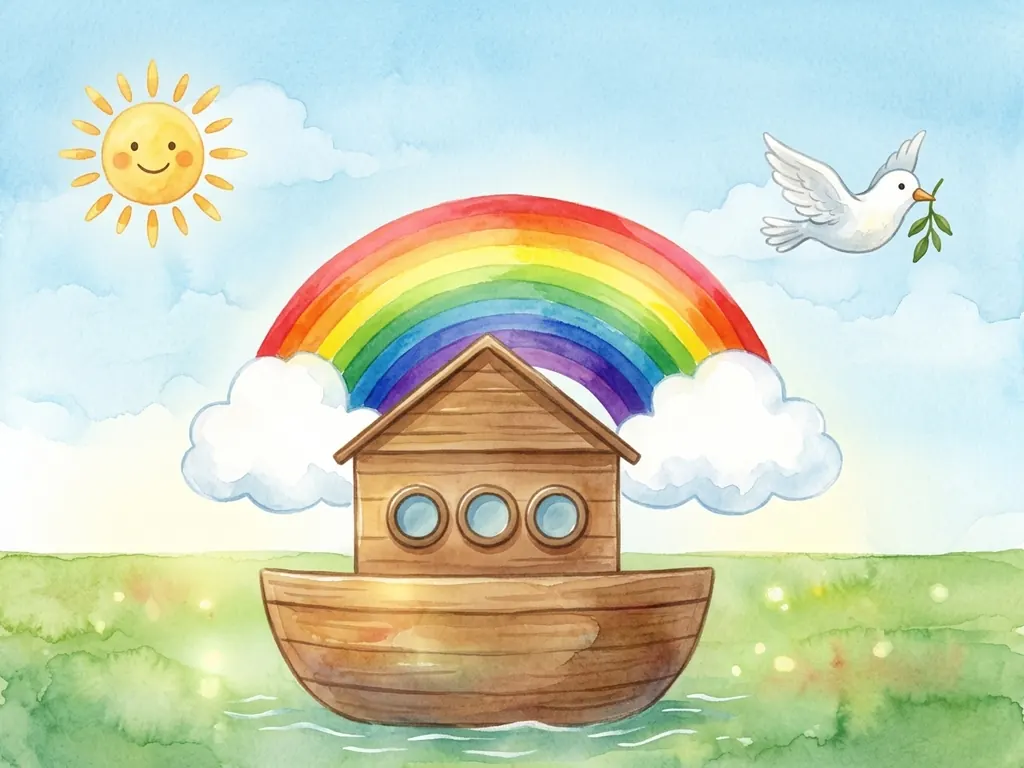 A wooden ark under a rainbow with a dove flying by